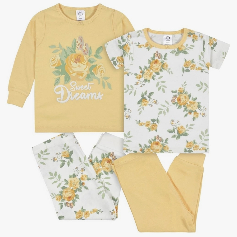 Gerber Baby Girls' Toddler Snug Fit 4-Piece Pajama Set Yellow White 18 Months
